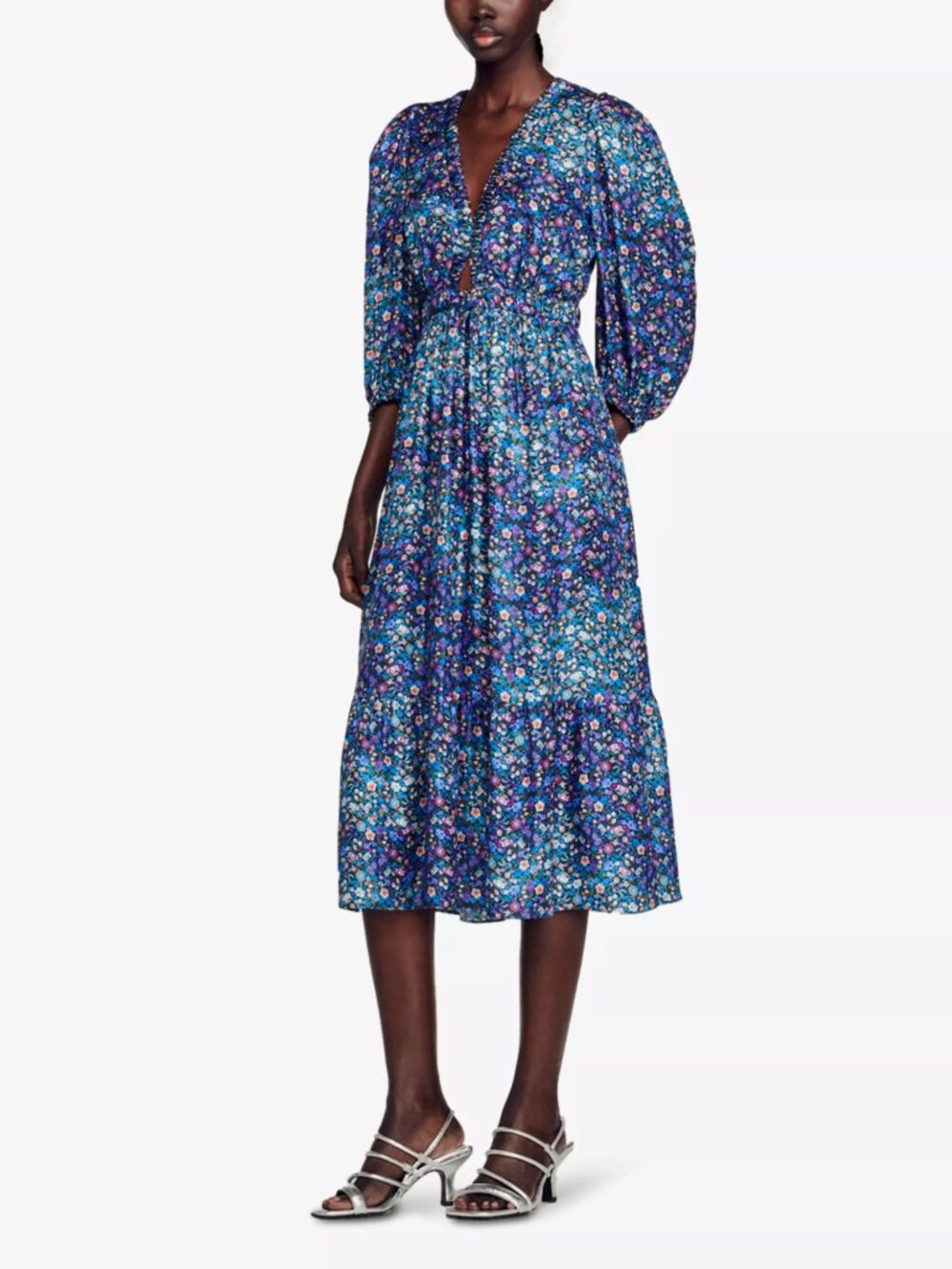Sandro Blue Floral Midi Dress with Puff Sleeves Sz 8